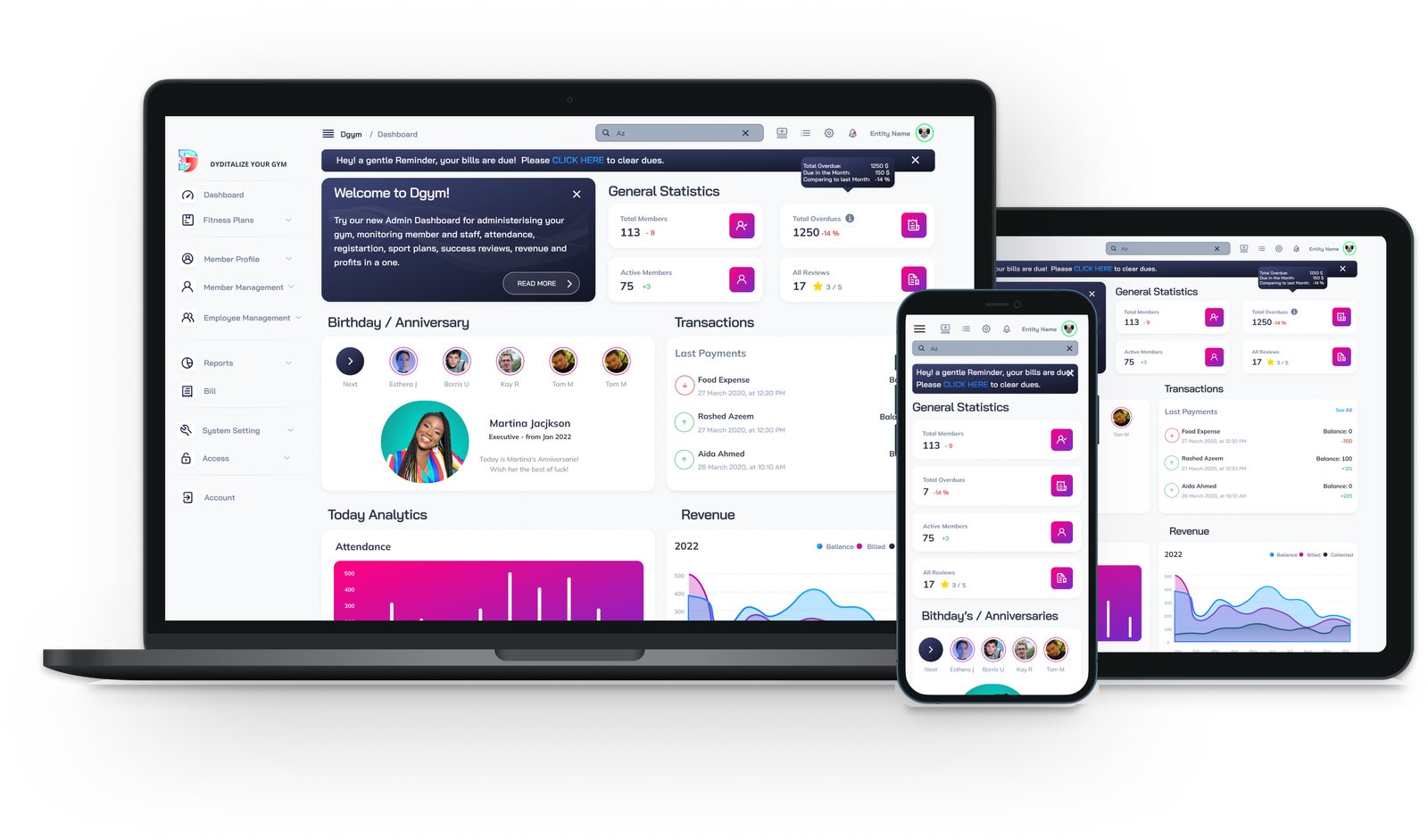 Dgym on a laptop, tablet and phone, showing the gym dashboard and the member app